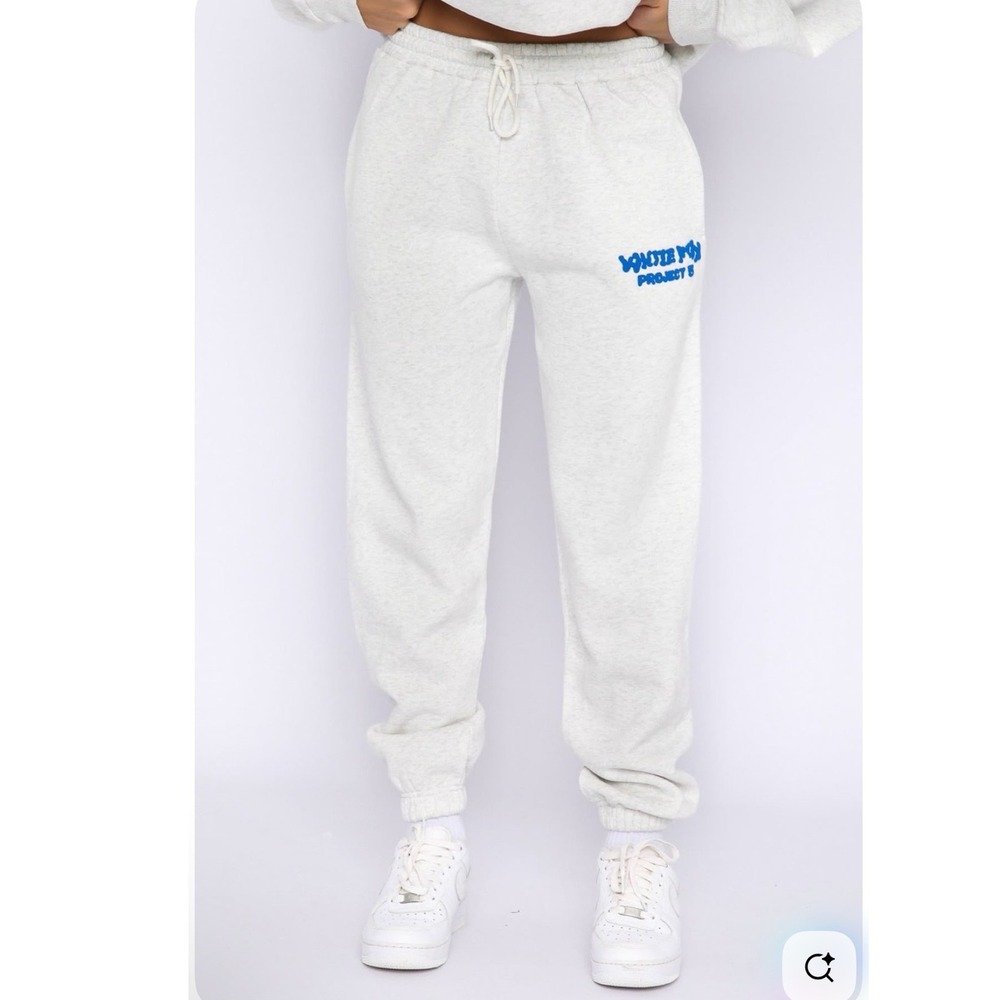 White‎ Fox Project 5 Grey Marl Sweatpants Blue Puff Print Logo Joggers Small